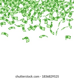 American dollar notes falling. Small USD bills on white background. USA money. Cool vector illustration. Worthy jackpot, wealth or success concept.