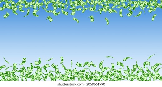 American dollar notes falling. Small USD bills on blue sky background. USA money. Curious vector illustration. Resplendent jackpot, wealth or success concept.