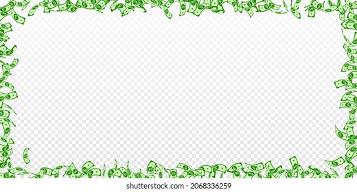 American dollar notes falling. Small USD bills on transparent background. USA money. Curious vector illustration. Imaginative jackpot, wealth or success concept.