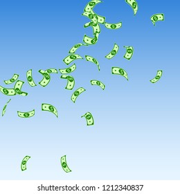 American dollar notes falling. Sparse USD bills on blue sky background. USA money. Comely vector illustration. Trending jackpot, wealth or success concept.