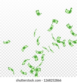 American dollar notes falling. Sparse USD bills on transparent background. USA money. Cool vector illustration. Alive jackpot, wealth or success concept.