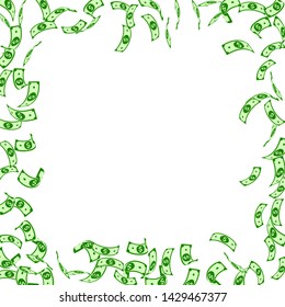 American dollar notes falling. Sparse USD bills on white background. USA money. Comely vector illustration. Ideal jackpot, wealth or success concept.