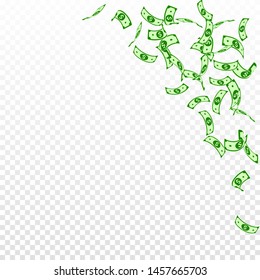 American dollar notes falling. Sparse USD bills on transparent background. USA money. Curious vector illustration. Astonishing jackpot, wealth or success concept.