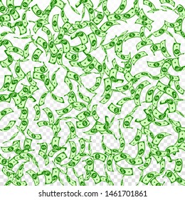 American dollar notes falling. Sparse USD bills on transparent background. USA money. Creative vector illustration. Excellent jackpot, wealth or success concept.