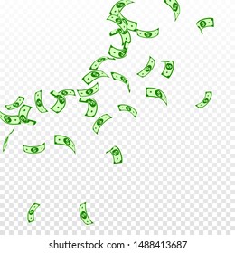 American dollar notes falling. Sparse USD bills on transparent background. USA money. Uncommon jackpot, wealth or success concept.