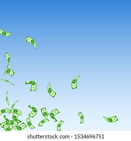 American dollar notes falling. Sparse USD bills on blue sky background. USA money. Creative vector illustration. Awesome jackpot, wealth or success concept.