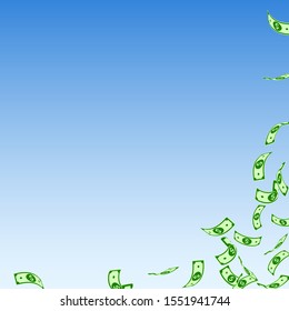 American dollar notes falling. Sparse USD bills on blue sky background. USA money. Classy vector illustration. Perfect jackpot, wealth or success concept.