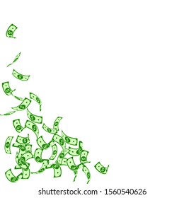 American dollar notes falling. Sparse USD bills on white background. USA money. Comely vector illustration. Elegant jackpot, wealth or success concept.