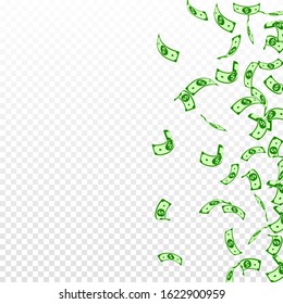 American dollar notes falling. Sparse USD bills on transparent background. USA money. Cool vector illustration. Surprising jackpot, wealth or success concept.