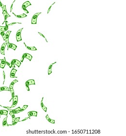 American dollar notes falling. Sparse USD bills on white background. USA money. Cool vector illustration. Pretty jackpot, wealth or success concept.