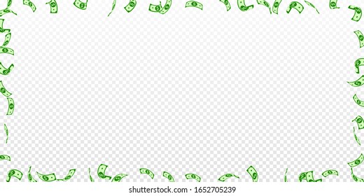 American dollar notes falling. Sparse USD bills on transparent background. USA money. Curious vector illustration. Incredible jackpot, wealth or success concept.