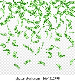 El dólar estadounidense está cayendo. Listas de USD dispersas en fondo transparente. Dinero estadounidense. Ilustración vectorial creativa. Poderoso concepto de bote, riqueza o éxito.