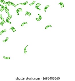 American dollar notes falling. Sparse USD bills on white background. USA money. Creative vector illustration. Fine jackpot, wealth or success concept.
