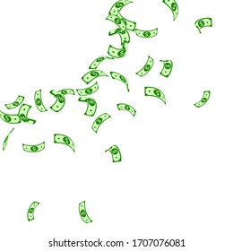 American dollar notes falling. Sparse USD bills on white background. USA money. Comely vector illustration. Unequaled jackpot, wealth or success concept.