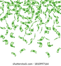 American dollar notes falling. Sparse USD bills on white background. USA money. Creative vector illustration. Precious jackpot, wealth or success concept.