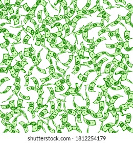 American dollar notes falling. Sparse USD bills on white background. USA money. Creative vector illustration. Exceptional jackpot, wealth or success concept.