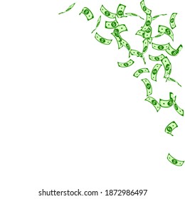 American dollar notes falling. Sparse USD bills on white background. USA money. Curious vector illustration. Attractive jackpot, wealth or success concept.