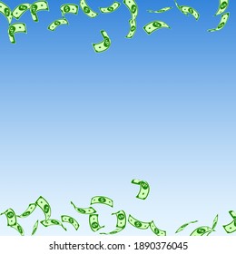 American dollar notes falling. Sparse USD bills on blue sky background. USA money. Comely vector illustration. Amusing jackpot, wealth or success concept.