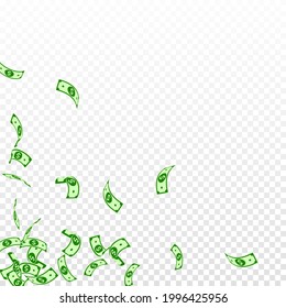 American dollar notes falling. Sparse USD bills on transparent background. USA money. Creative vector illustration. Beauteous jackpot, wealth or success concept.