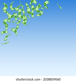 American dollar notes falling. Sparse USD bills on blue sky background. USA money. Creative vector illustration. Vibrant jackpot, wealth or success concept.