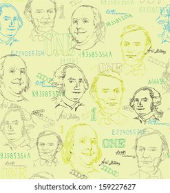 american dollar with president`s portraits seamless pattern hand drawn  vector