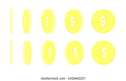 American dollar rotating coins set, animation ready. Yellow USD gold coins rotation. USA metal money. Splendid cartoon vector illustration.