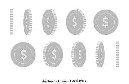 American dollar rotating coins set, animation ready. Black and white USD silver coins rotation. USA metal money. Terrific cartoon vector illustration.