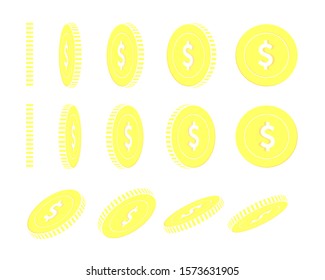 American dollar rotating coins set, animation ready. Yellow USD gold coins rotation. USA metal money. Symmetrical cartoon vector illustration.