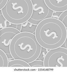 American dollar silver coins seamless pattern. Bewitching scattered black and white USD coins. Success concept. USA money pattern. Coin vector illustration.