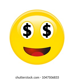 American dollar smiley emoticon. Yellow laughing 3d emoji with black USD symbols in place of eyes and red opened mouth.