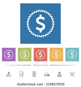 American dollar sticker alternate flat white icons in square backgrounds. 6 bonus icons included.