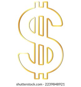American Dollar USD currency golden sign outline in front view isolated on white. Currency by the Central Bank of America. Vector clipart.