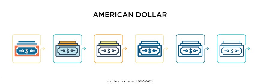 American dollar vector icon in 6 different modern styles. Black, two colored american dollar icons designed in filled, outline, line and stroke style. Vector illustration can be used for web, mobile,