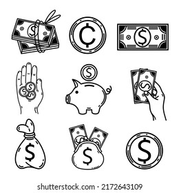 American dollar vector icons set. Banknotes, coins, money bag, piggy bank, bills in wallet, cent, hand with USA bank tickets. Monochrome elements isolated on white.Payment system sign, currency symbol