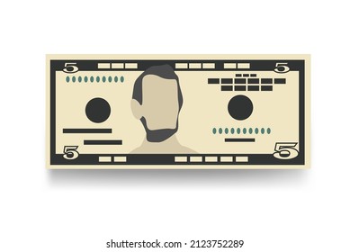American dollar Vector Illustration. US money set bundle banknotes. Paper money 5 USD. Flat style. Isolated on white background. Simple minimal design.