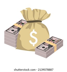 American dollar Vector Illustration. USA money set bundle banknotes. Money bag 50 USD. Flat style. Isolated on white background. Simple minimal design.