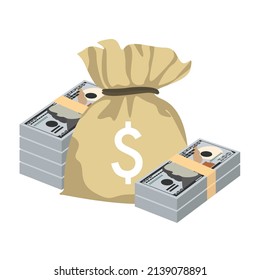American dollar Vector Illustration. USA money set bundle banknotes. Money bag 100 USD. Flat style. Isolated on white background. Simple minimal design.