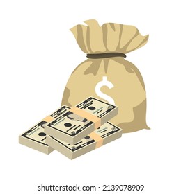 American dollar Vector Illustration. USA money set bundle banknotes. Money bag 5 USD. Flat style. Isolated on white background. Simple minimal design.