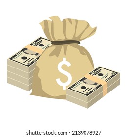 American dollar Vector Illustration. USA money set bundle banknotes. Money bag 5 USD. Flat style. Isolated on white background. Simple minimal design.