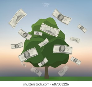  American dollars floating in green field with vintage sky background. Vector illustration.