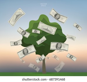  American dollars floating in green field with vintage sky background. Vector illustration.