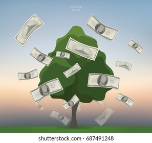 American dollars floating in green field with vintage sky background. Vector illustration.