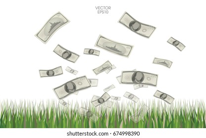  American dollars floating in green grass field area isolated on white background. Vector illustration.