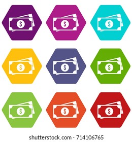 American dollars icon set many color hexahedron isolated on white vector illustration