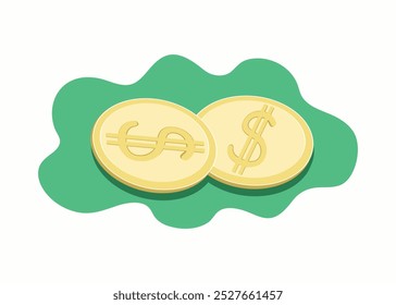 Dólares americanos, moedas de ouro. Ilustração de vetor plano, centavos. Moeda. Plano de fundo isolado.