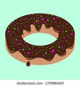 American donut poured with chocolate icing
sprinkled with sugar colored powder. Vector graphics.