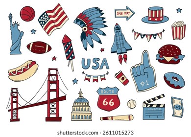 American doodles, USA cartoon elements collection for stickers, prints, planners, cards, wallpaper, etc. EPS 10