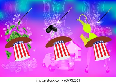 AMERICAN DREAM. MONEY, HOME, WIFE. HATS WITH THE COLOR OF THE AMERICAN FLAG. MAGIC AND MIRACLE. 