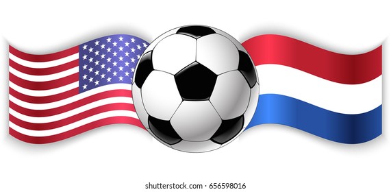 American and Dutch wavy flags with football ball. United States of America combined with Netherlands isolated on white. Football match or international sport competition concept.