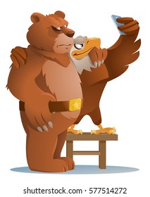 American eagle and Brown bear making selfie. Ordinary life of animals. No politics. Cartoon styled vector illustration. Elements is grouped. 